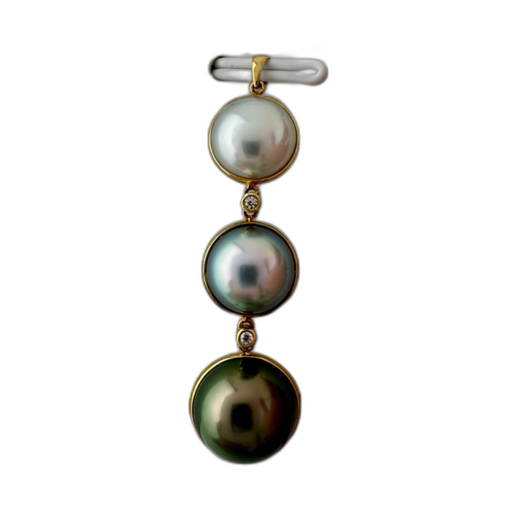 One-of-a-Kind Solid 18K Gold Gradient Tahitian Pearl Drop Pendant with Zirconia
